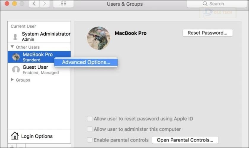 Click chuột phải vào tài khoản rồi chọn Advance Option