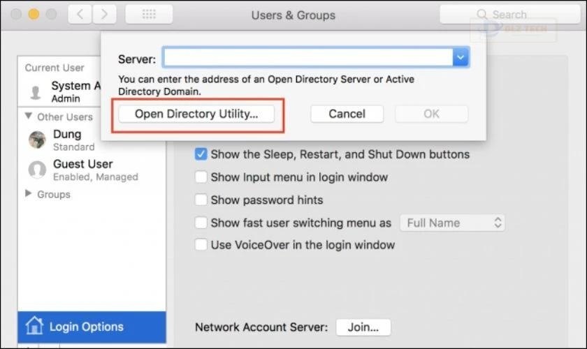 Click vào Open Directory Utility