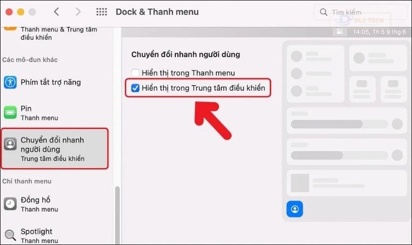 Chuyển đổi nhanh người dùng và tích vào mục theo hướng dẫn