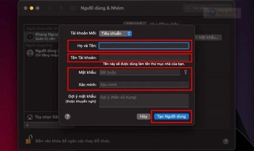 Điền đầy đủ thông tin rồi click vào Tạo Người dùng