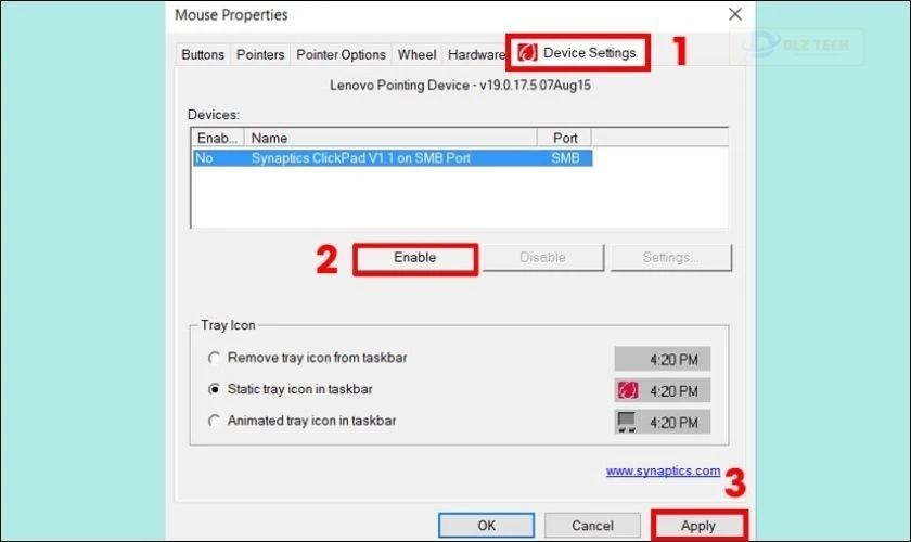 Thay đổi trong Mouse Properties và nhấn Apply