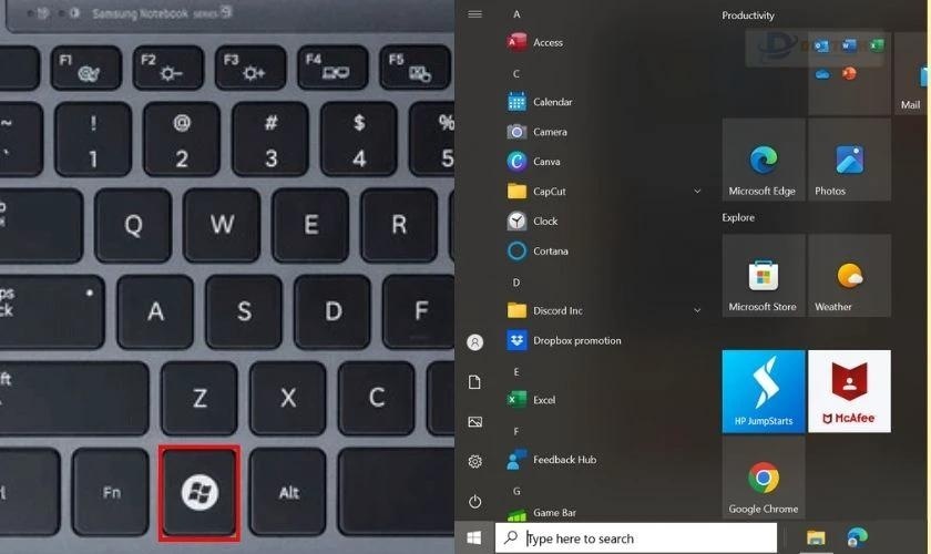 Mở Start bằng phím Windows