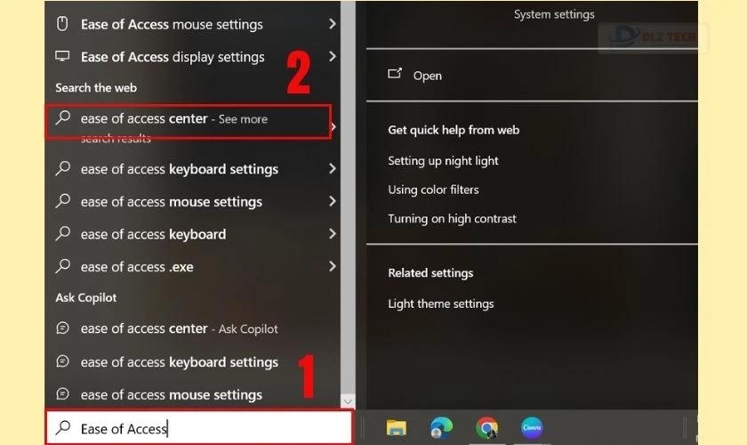 Gõ Ease of Access để tìm kiếm