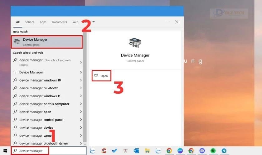 Nhập “device manager”, nhấn Enter hoặc chọn Open để mở