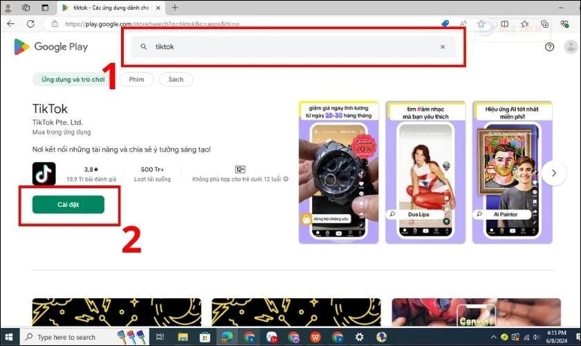 Tìm TikTok trong Play Store và ấn cài đặt