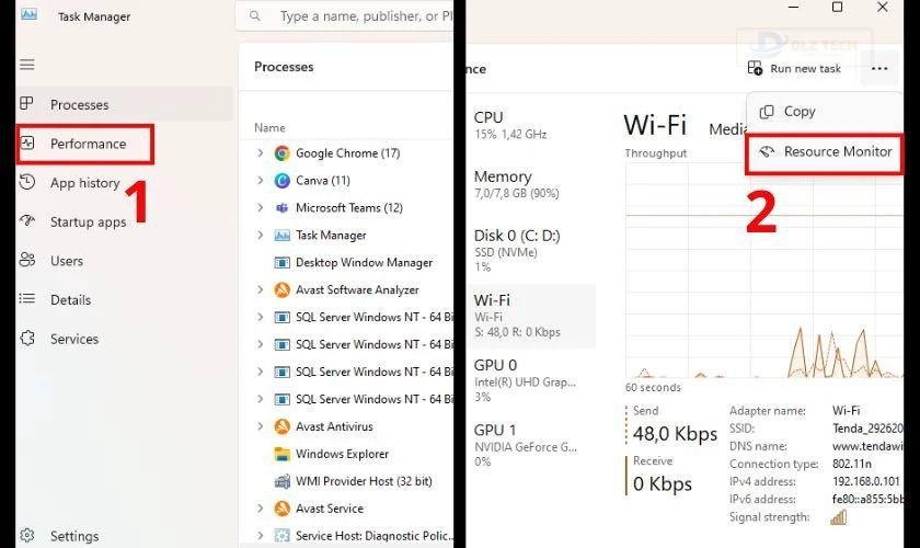 Nhấn vào dấu 3 chấm bên góc phải và nhấn Resource Monitor