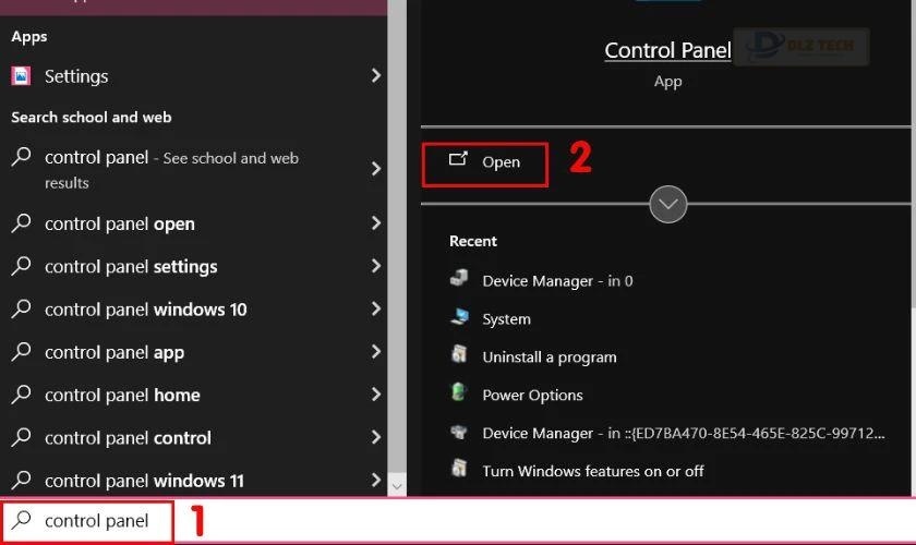 Nhấn biểu tượng Win để mở menu Start, tìm và mở Control Panel