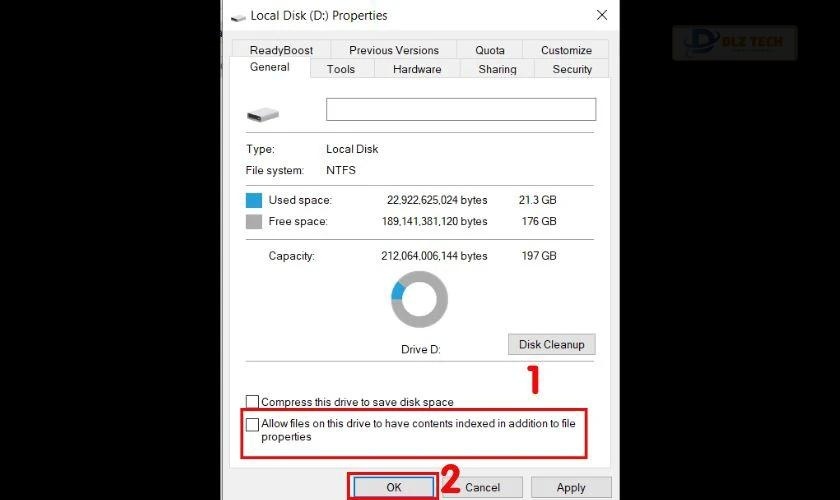 Bỏ tích chọn Allow files on this drive to have contents indexed in addition to file properties