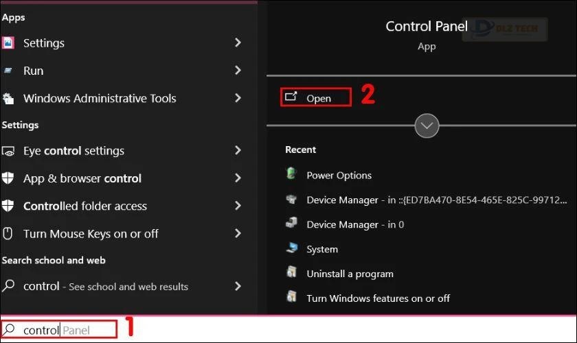 Gõ tìm và nhấp vào Control Panel