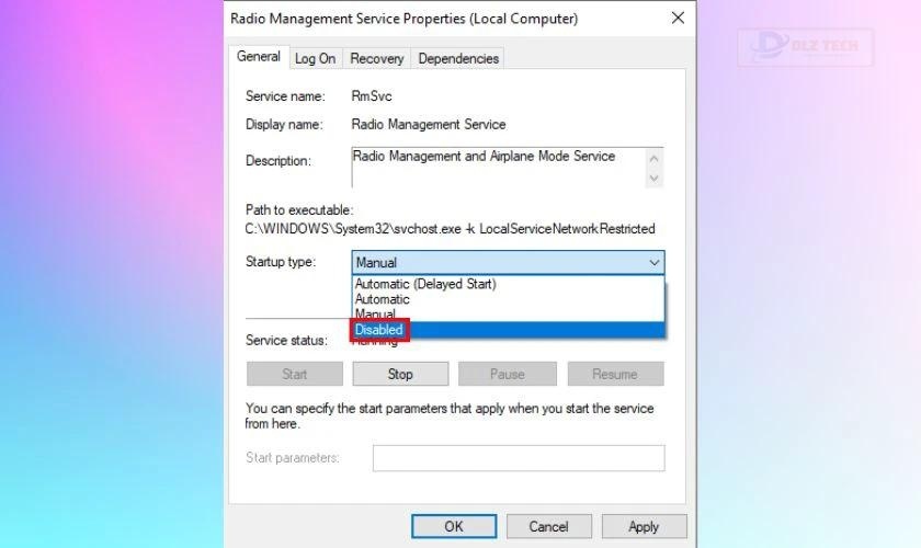Chọn Disabled cho Radio Management Service