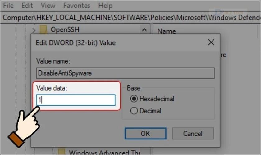 Thiết lập giá trị trong khung Value Data từ 0 thành 1