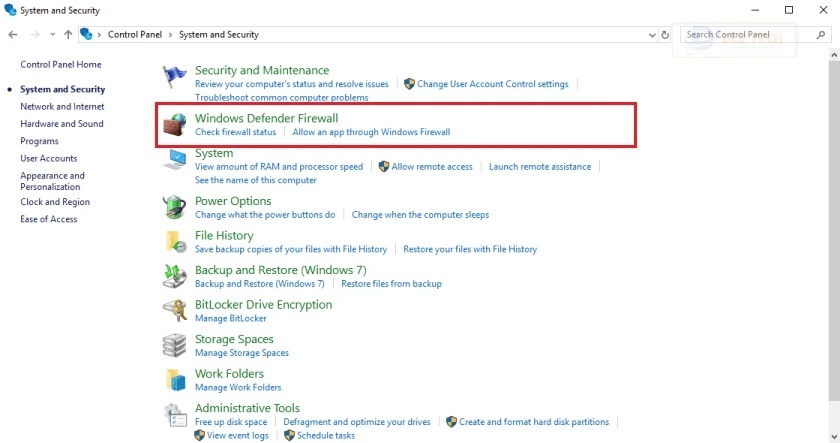 Chọn Windows Defender Firewall