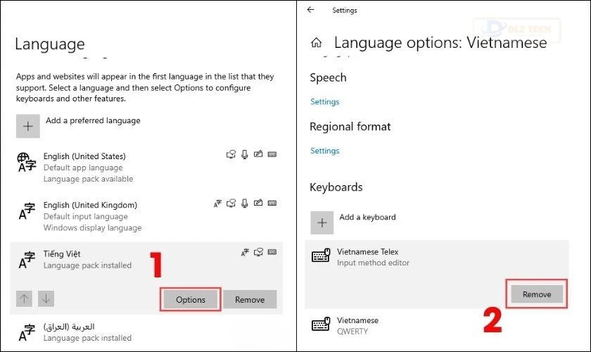 Nhấp chuột phải vào ngôn ngữ muốn xóa rồi nhấn Remove