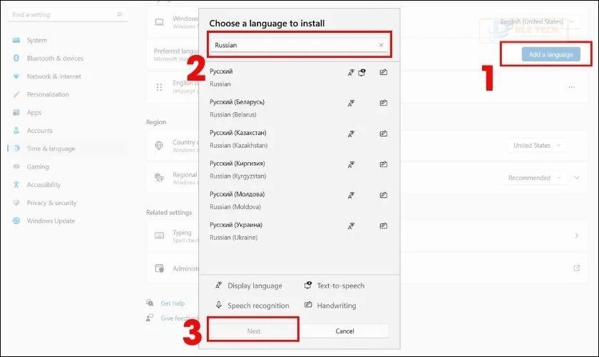 Chọn Add Language và tìm ngôn ngữ mà bạn muốn thêm