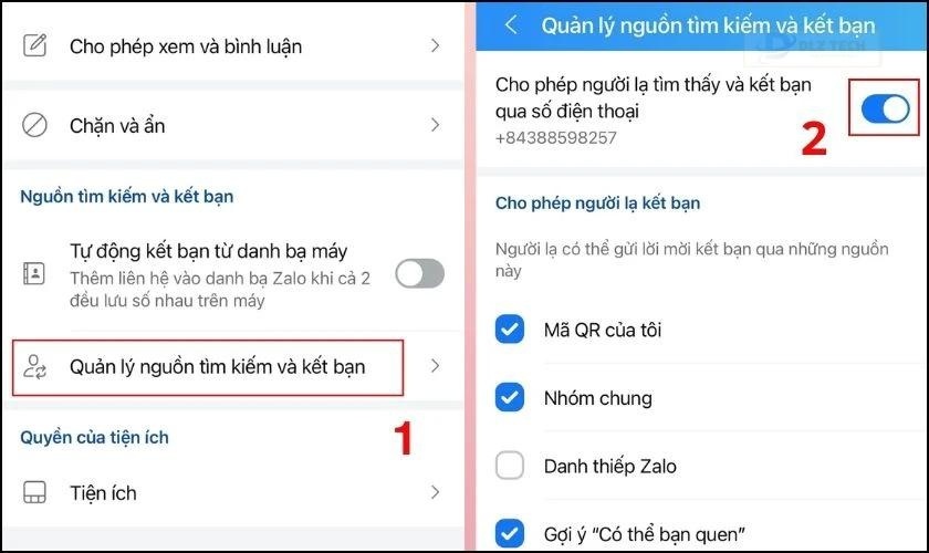 Nhấn vào Quản lý nguồn tìm kiếm và kết bạn