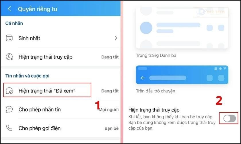 Thiết lập quyền riêng tư hiện/tắt trạng thái tin nhắn