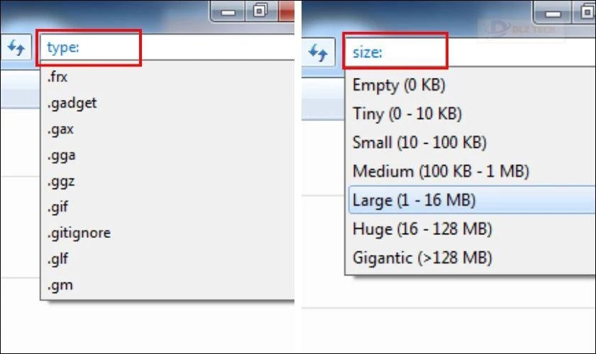 Cách tìm file trong Win 7 theo đuôi tập tin và kích thước file