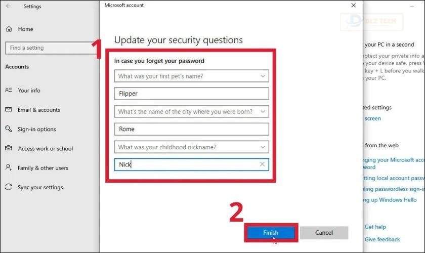 Trả lời lần lượt các câu hỏi và nhấn Kết thúc