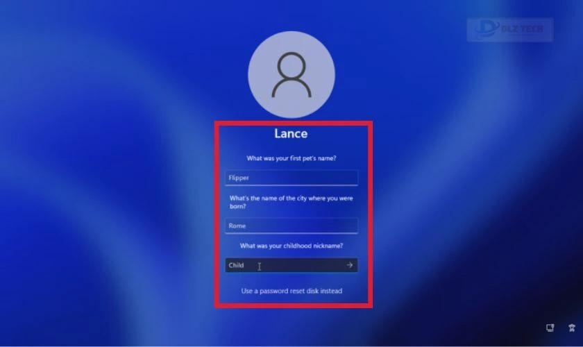 Trả lời các câu hỏi bảo mật theo hướng dẫn