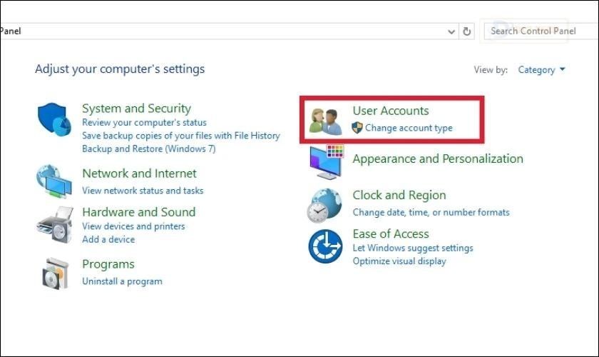 Click User Accounts để mở cửa sổ quản lý tài khoản