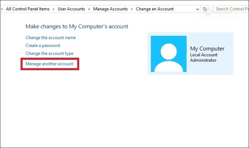 Mở Manage another account để tìm tài khoản mà bạn quên mật khẩu