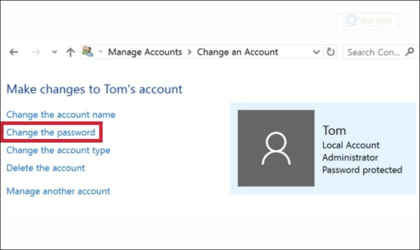 Nhấn vào mục Change the password để thay đổi mật khẩu mới