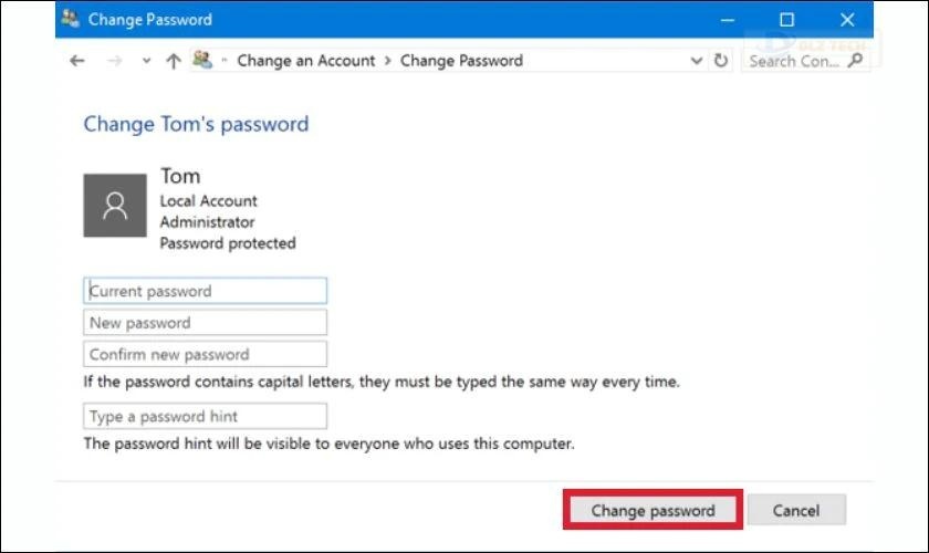 Nhập mật khẩu mới và nhấn Change Password
