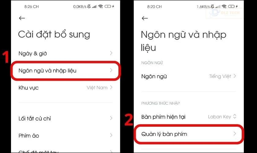 Vào mục Ngôn ngữ và nhập liệu và chọn tiếp Quản lý bàn phím