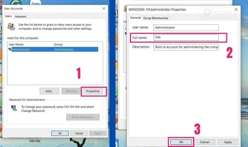 Thay đổi tên trong hộp thoại User Accounts