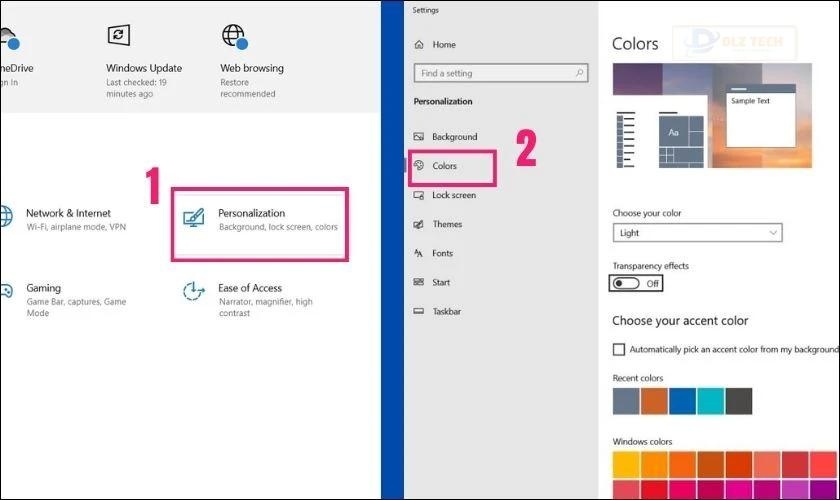 Bấm vào mục Personalization và sau đó chọn vào mục Colors
