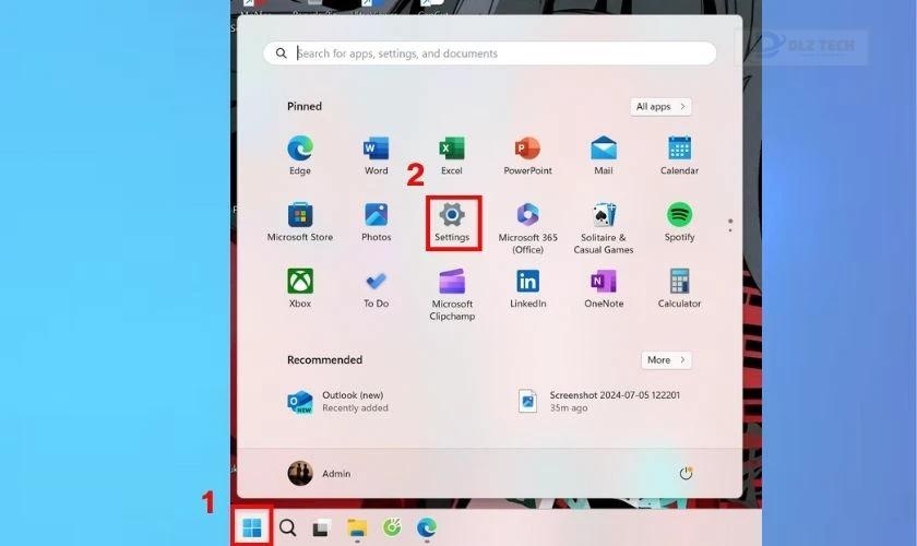 Truy cập vào menu Start, chọn biểu tượng Setting