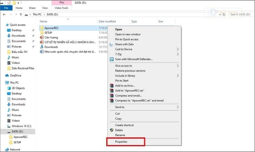 Tiếp tục nhấn chuột phải vào thư mục đó và chọn Properties