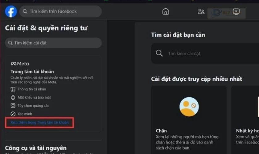 Tìm và nhấp vào Xem thêm trong phần Trung tâm tài khoản