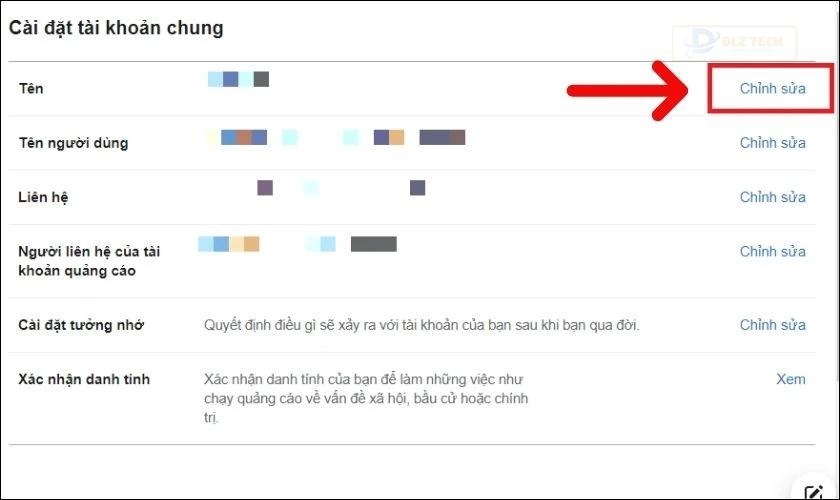 Trong mục Chung, bạn chọn Tên và chọn mục Chỉnh sửa