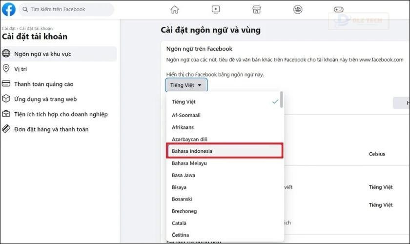 Trong mục Ngôn ngữ và khu vực, chọn Bahasa Indonesia.