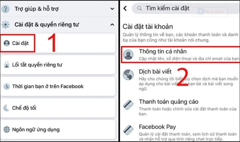 Vào Cài đặt và chọn Thông tin cá nhân