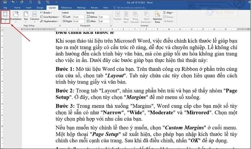 Chọn tùy chọn Margins để mở menu thả xuống