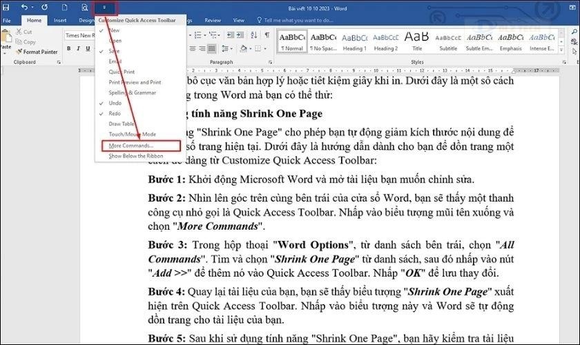 Nhấp vào mũi tên hướng xuống và chọn More Commands