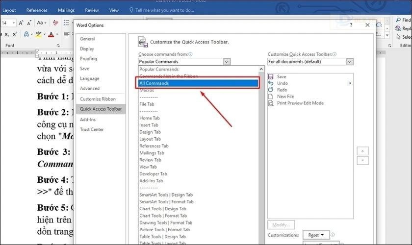 Chọn All Commands từ hộp thoại Word Options