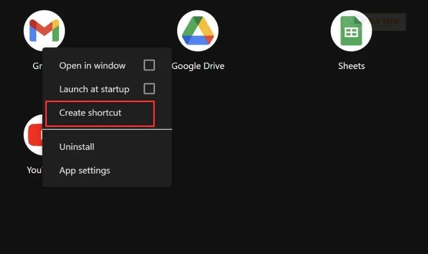 Nhấp chuột phải vào biểu tượng Gmail trên màn hình máy tính và chọn Create shortcut