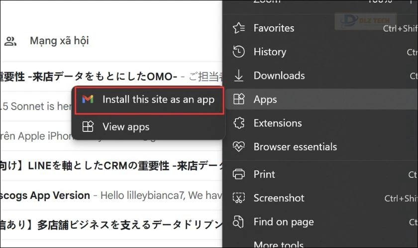 Nhấp vào Install this site as an app để đưa Gmail ra màn hình máy tính