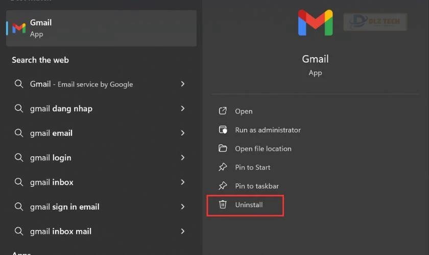 Nhấn chuột trái vào ứng dụng Gmail rồi chọn vào Uninstall trên màn hình máy tính