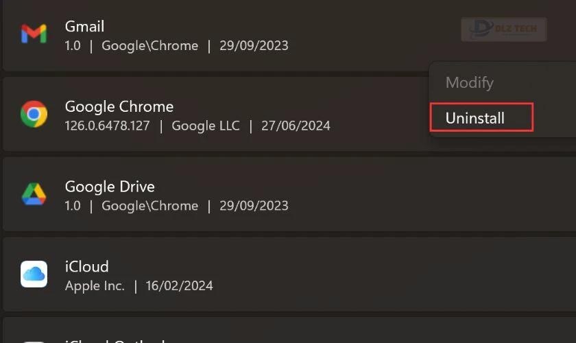 Lướt tìm ứng dụng Gmail trên màn hình máy tính rồi chọn Uninstall một lần nữa