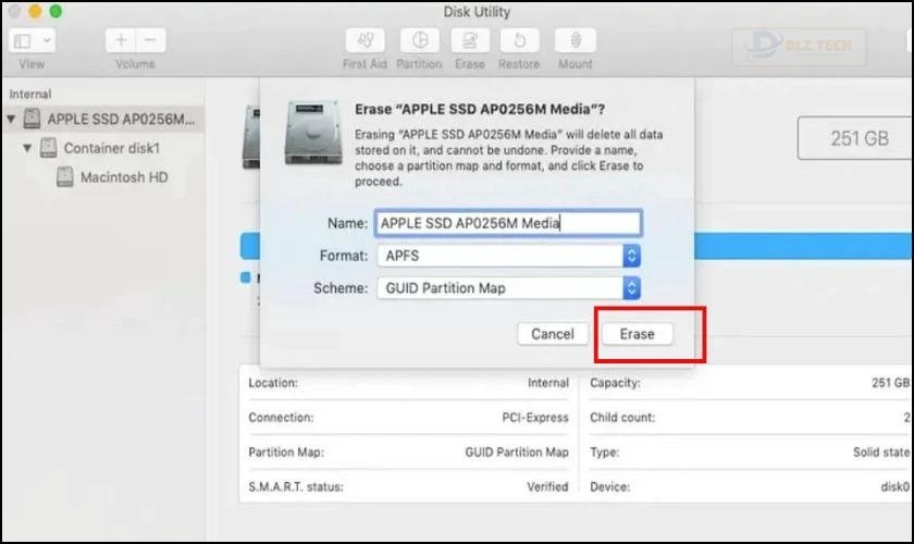 Dưới góc phải của hộp thoại, click vào nút Erase