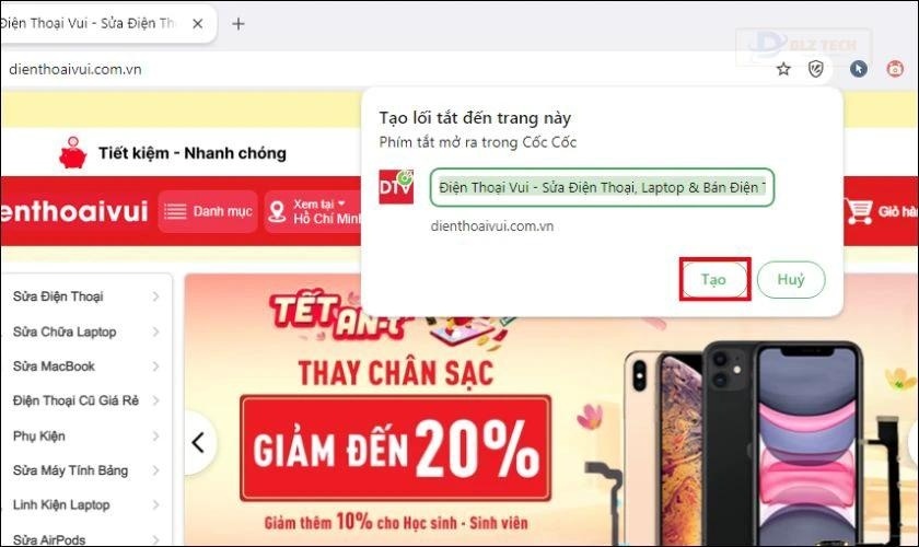 Hoàn tác tạo lối tắt trên Cốc Cốc