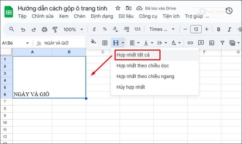 Các loại tùy chọn gộp ô trong GG Sheet
