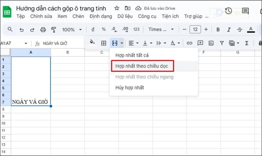Tuỳ chọn gộp ô Merge vertically