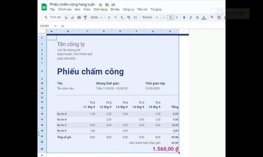 Chọn vùng dữ liệu trong Google Sheets