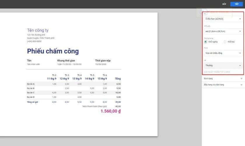 Tùy chỉnh thông số in khi in Google Sheets