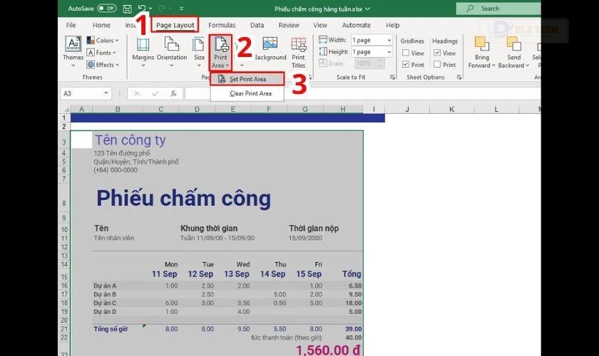 Đặt khu vực in trong Excel